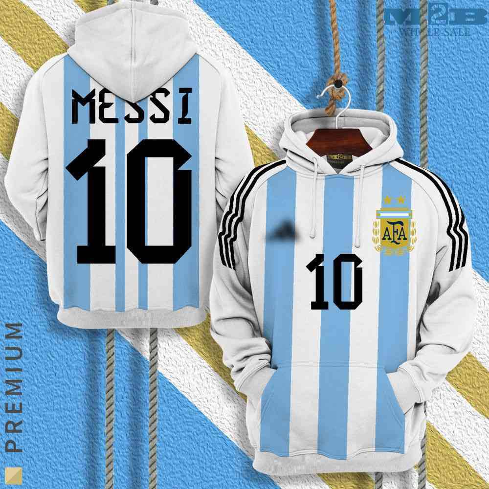 Hoodie with Argentina national team design and 'Messi 10' on a blue and white striped background.