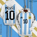 Hoodie with Argentina national team design and 'Messi 10' on a blue and white striped background.