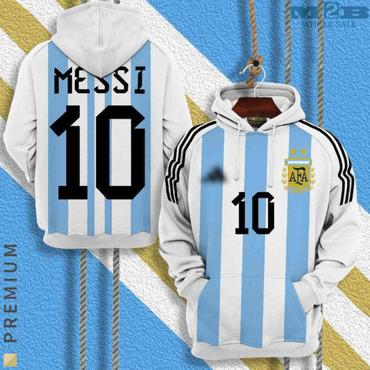 Hoodie with Argentina national team design and 'Messi 10' on a blue and white striped background.